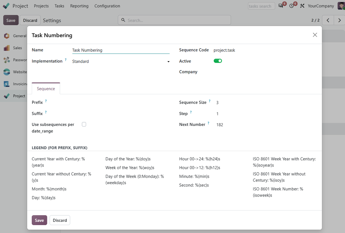 Project tasks: Odoo sequence
