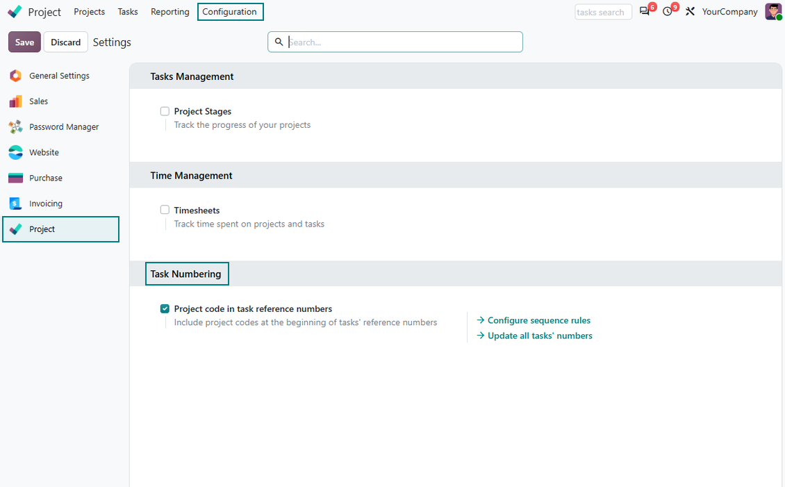 Odoo tasks' numbers configuration