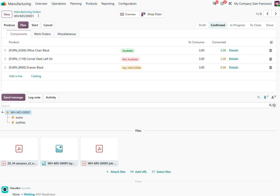 Odoo attachment box showing files synchronized with an Amazon S3 bucket from Odoo records