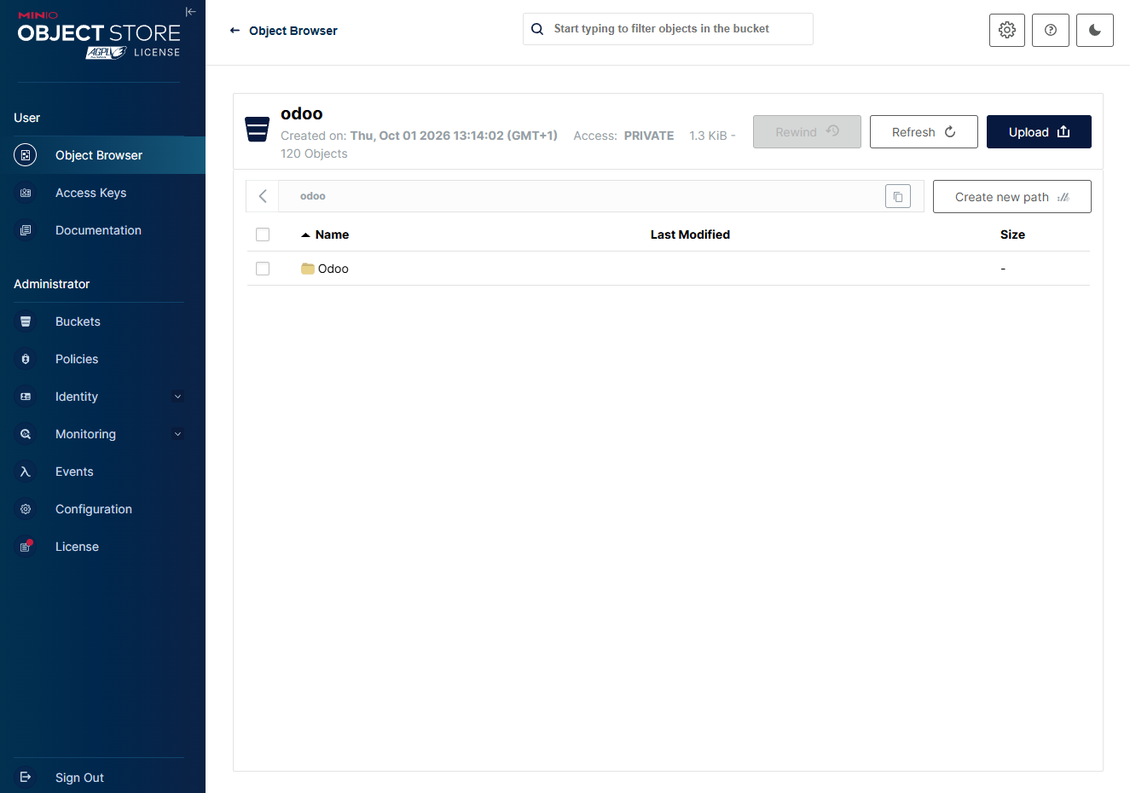Odoo's root folder is in MinIO