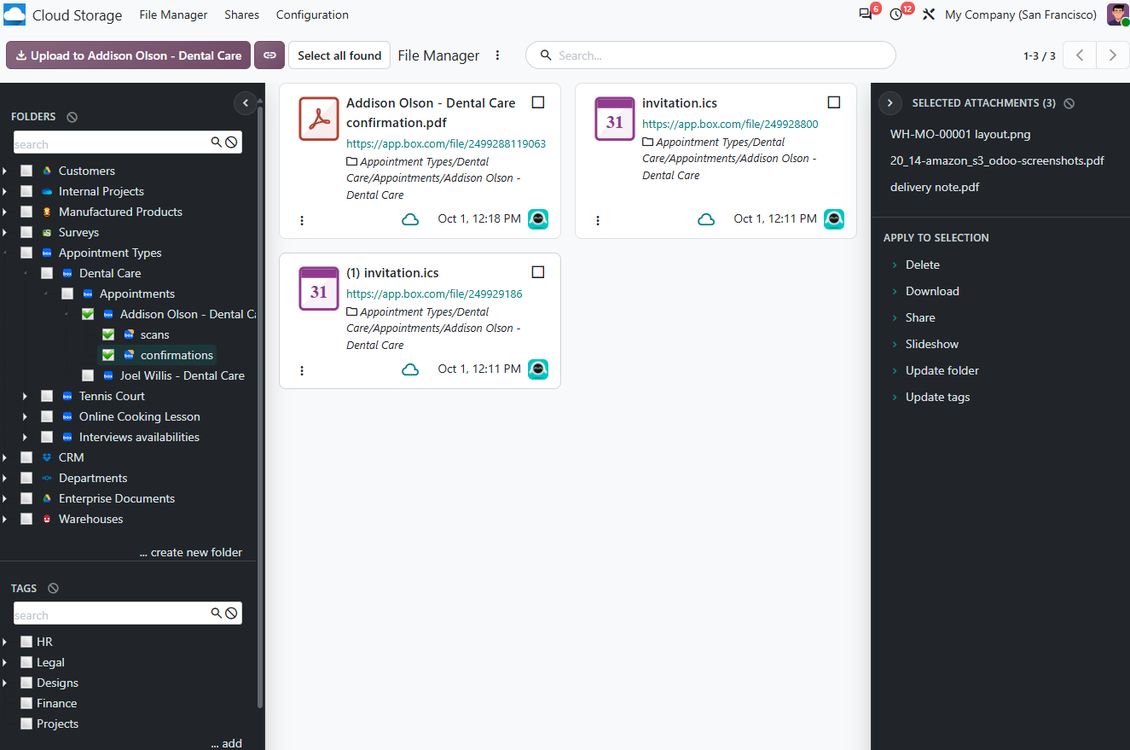 Browse and select Box-synced files in Odoo File Manager with folders, tags, shares and attachment actions