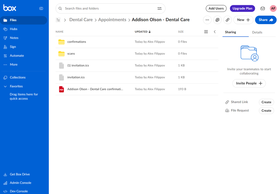 Box folder showing documents and subfolders synchronized for an Odoo object