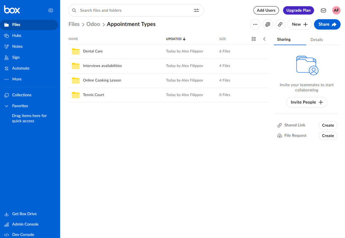 Box folder hierarchy created by Odoo with subfolders