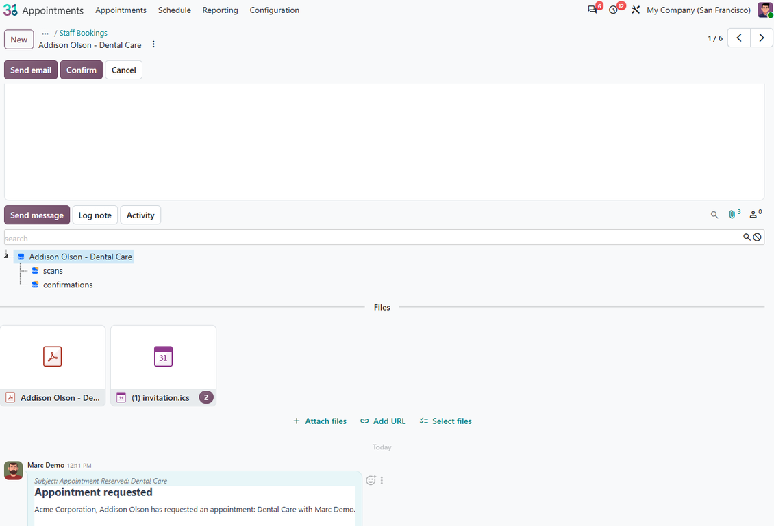 Odoo record form showing Box-synced folders and attachments available from the attachment panel