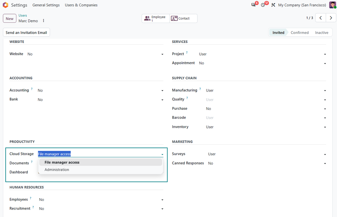 Hak akses Odoo Cloud Storage yang menampilkan grup pengguna untuk pengelola file dan kontrol administrasi