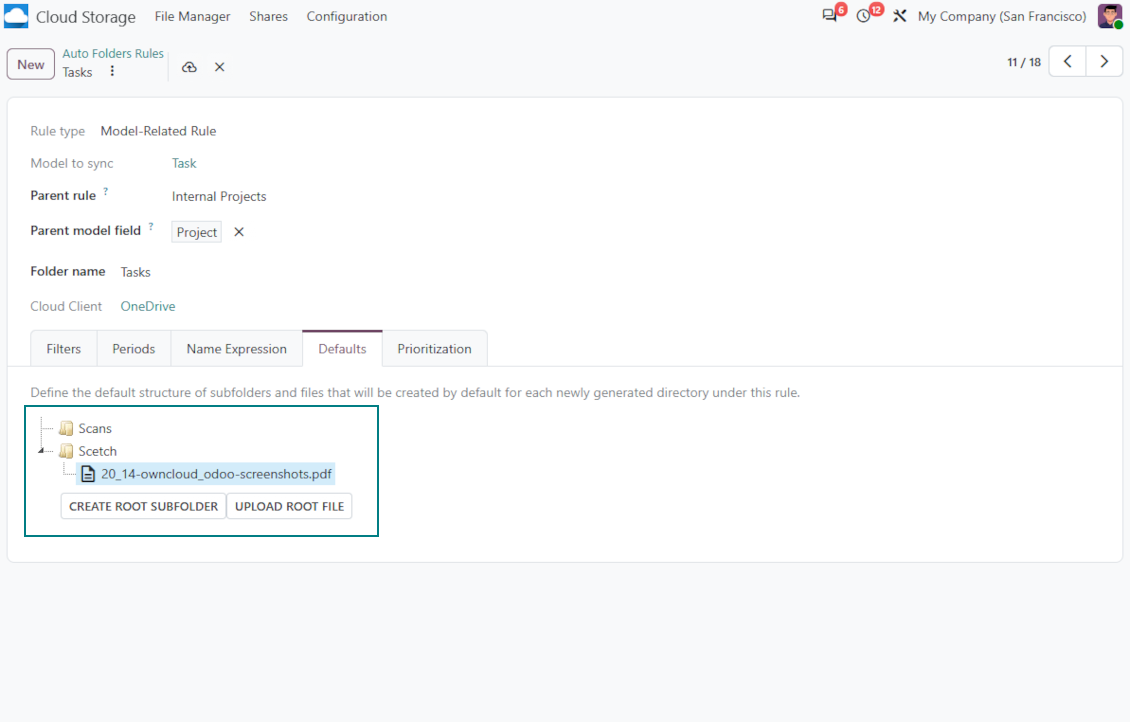 Aturan folder otomatis Odoo yang menghasilkan subfolder dan file default untuk sinkronisasi cloud terstruktur