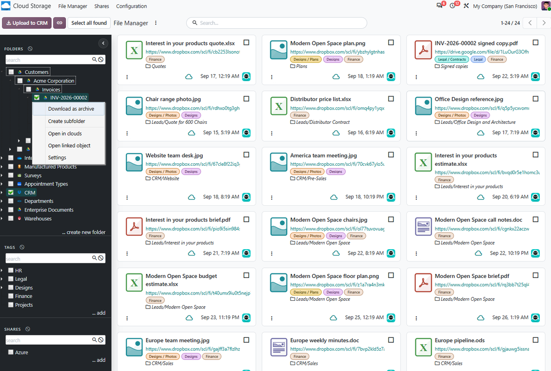 Pengelola file Odoo yang menampilkan folder, tag, dan lampiran tersinkron cloud untuk pengelolaan dokumen terstruktur
