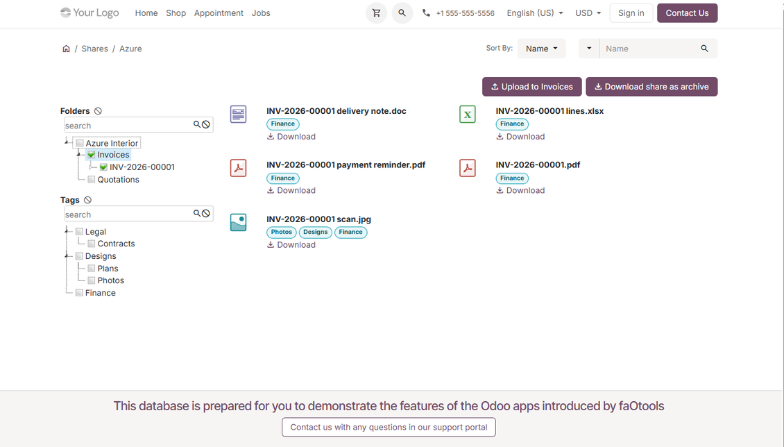 Layar berbagi portal Odoo untuk file, folder, dan tag dengan unduhan dan unggahan terkendali