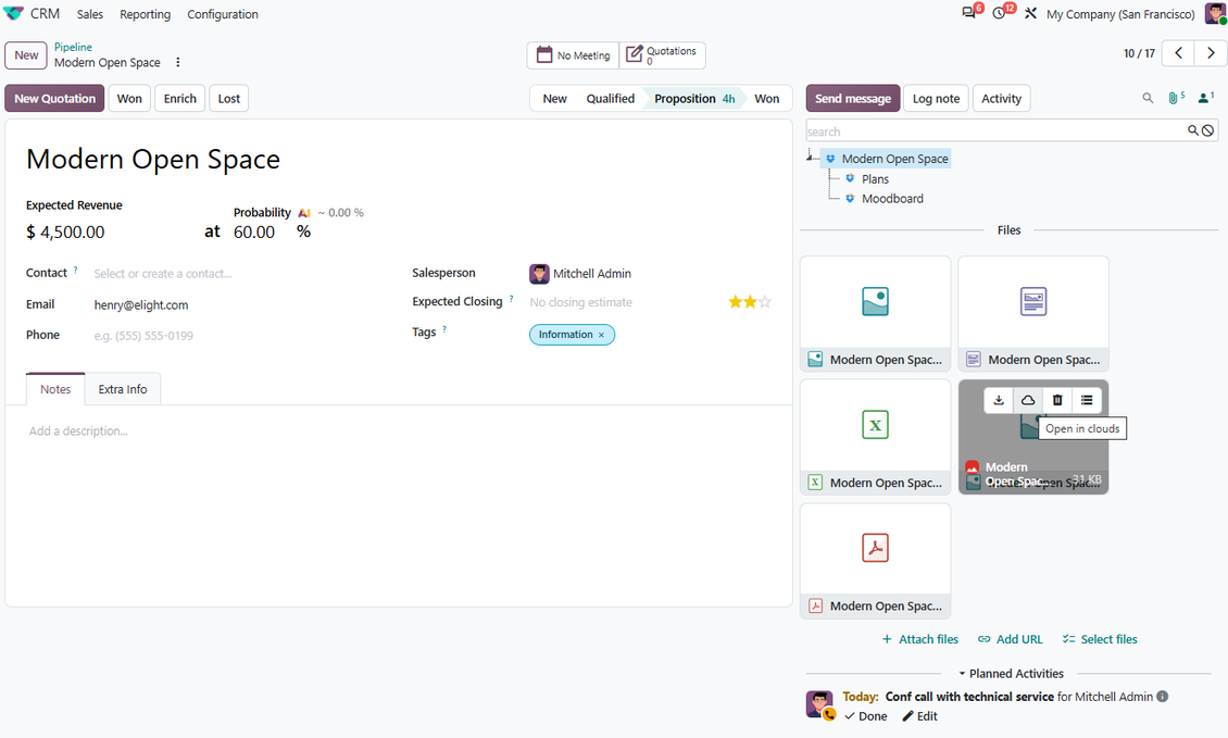 Odoo attachment box showing Dropbox-synced files and folders available from Odoo records