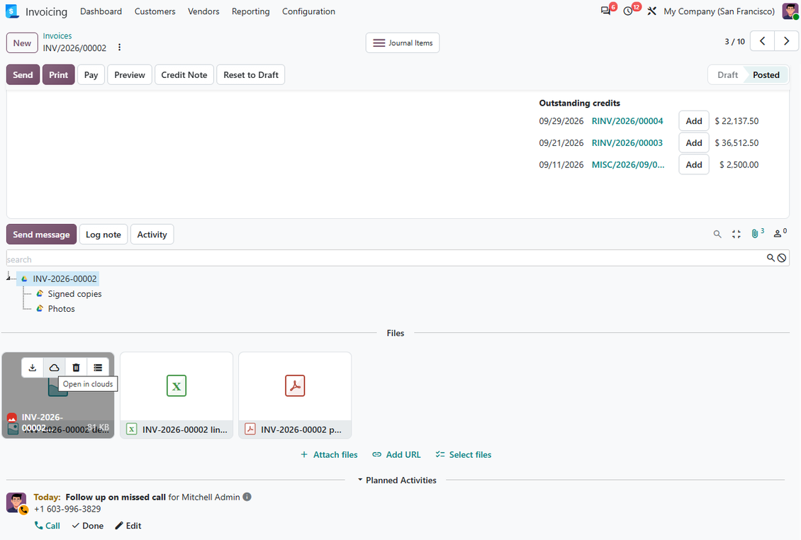 Odoo attachment box showing Google Drive-synced folders and files available from Odoo records