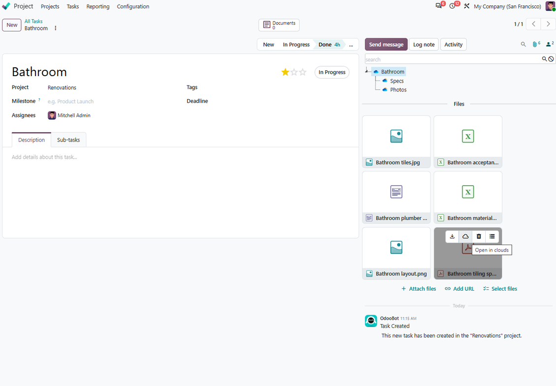 Odoo attachment box showing OneDrive and SharePoint-synced folders and files available from Odoo records