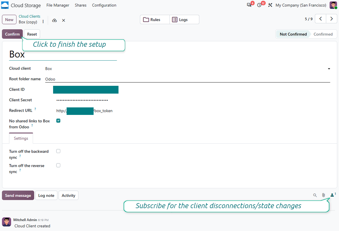 Masukkan Box client ID, client secret, dan redirect URL di konfigurasi cloud client Odoo