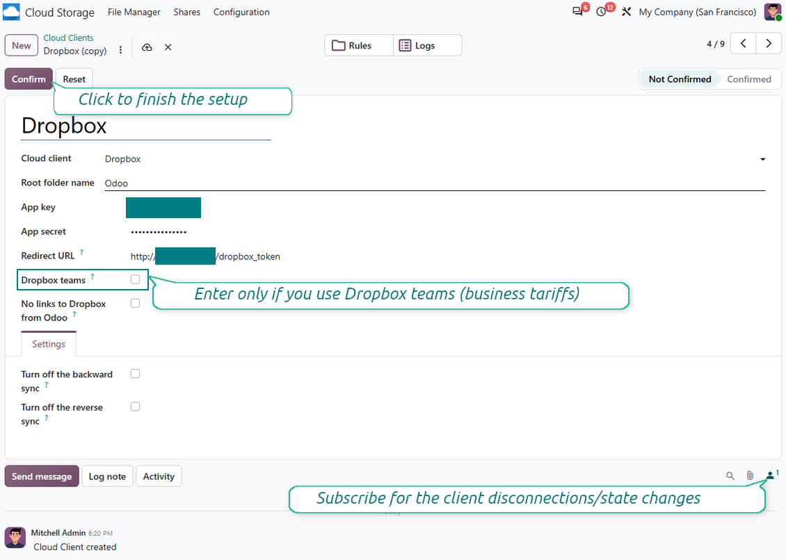 Odoo Dropbox settings