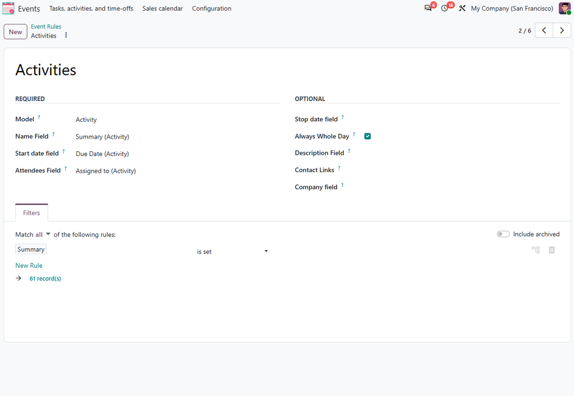 Joint Calendar rule example showing Odoo activities collected into a shared calendar by due date and assigned user