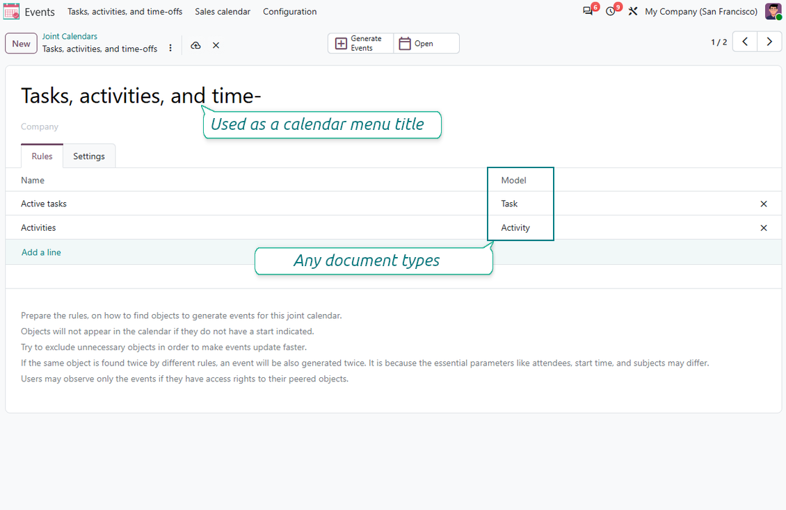 Joint Calendar rule list showing multiple document types available for a shared Odoo calendar