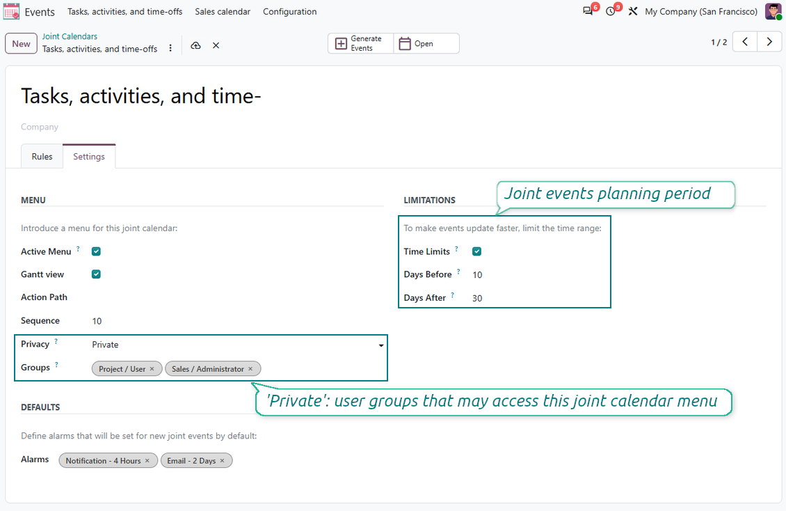 Joint Calendar settings showing shared calendar access, time limits, active menu, sequence, and reminder options