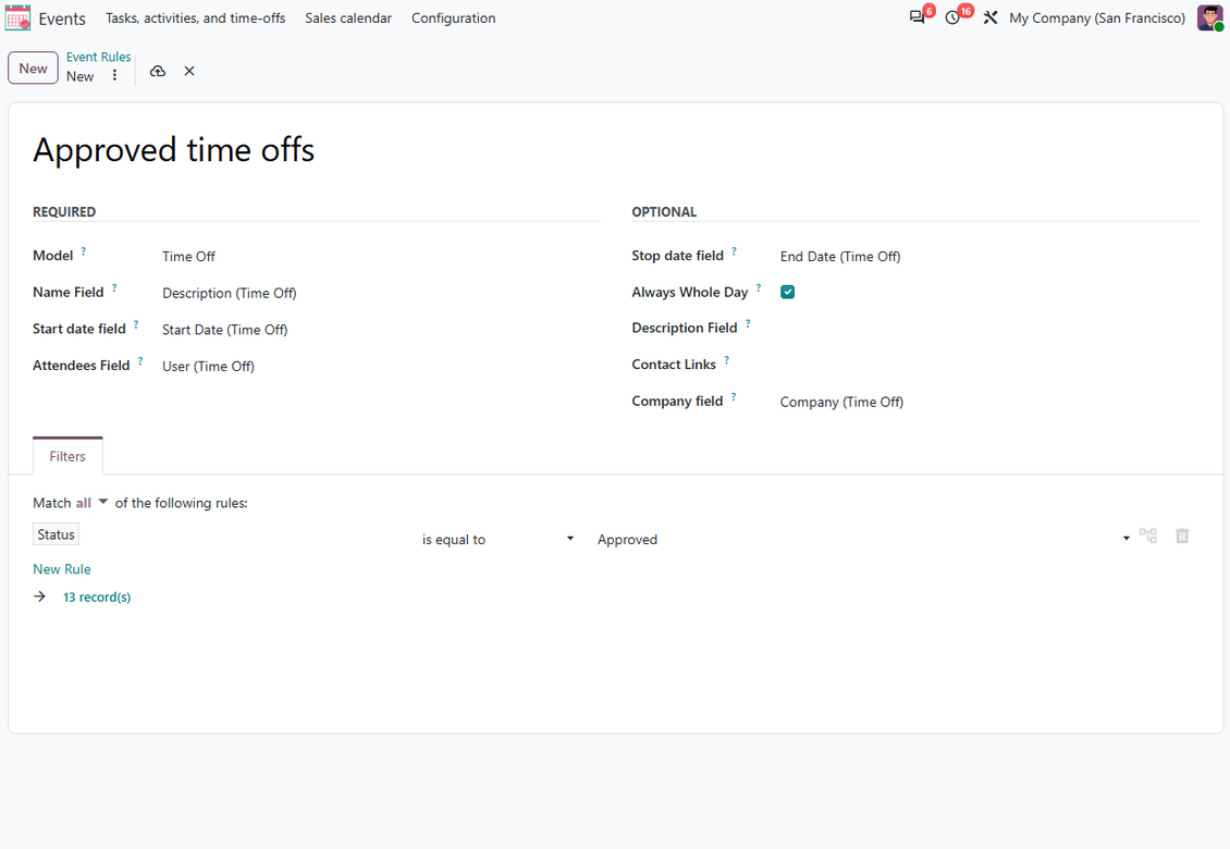 Joint Calendar rule example showing approved employee time off and leave periods on a shared Odoo calendar