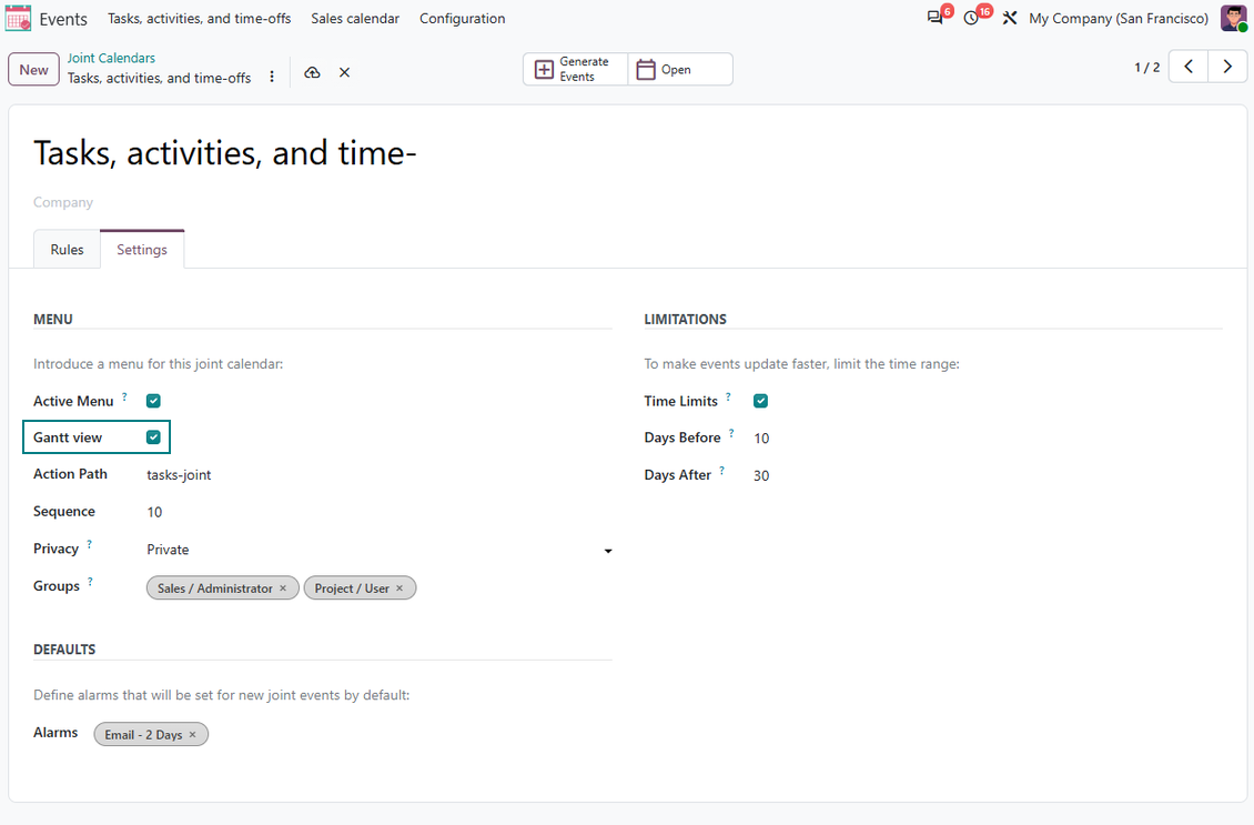 Joint Calendar Gantt extension showing mixed Odoo document events on an Enterprise Gantt planning view