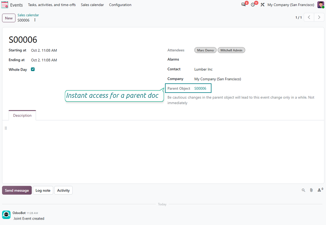 Joint Calendar event form showing the parent Odoo document link for instant access to source details