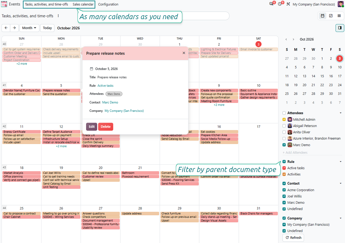 Joint Calendar app showing multiple Odoo document events in one shared calendar view