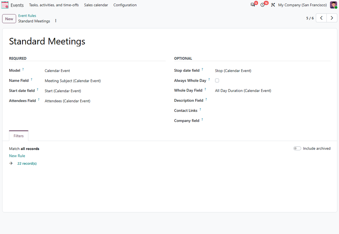 Joint Calendar rule example showing Odoo meetings mapped to shared calendar events with start and stop dates