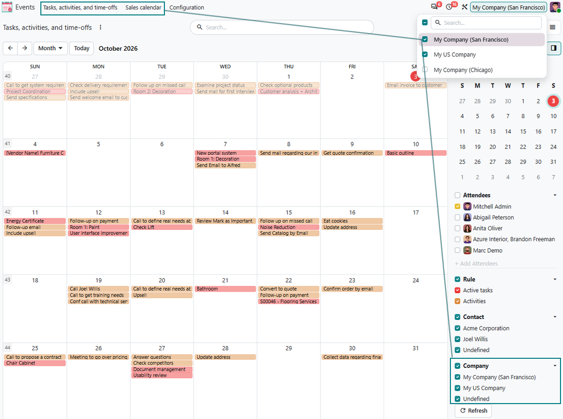 Joint Calendar multi-company screenshot showing shared calendar menus and records filtered by available Odoo companies