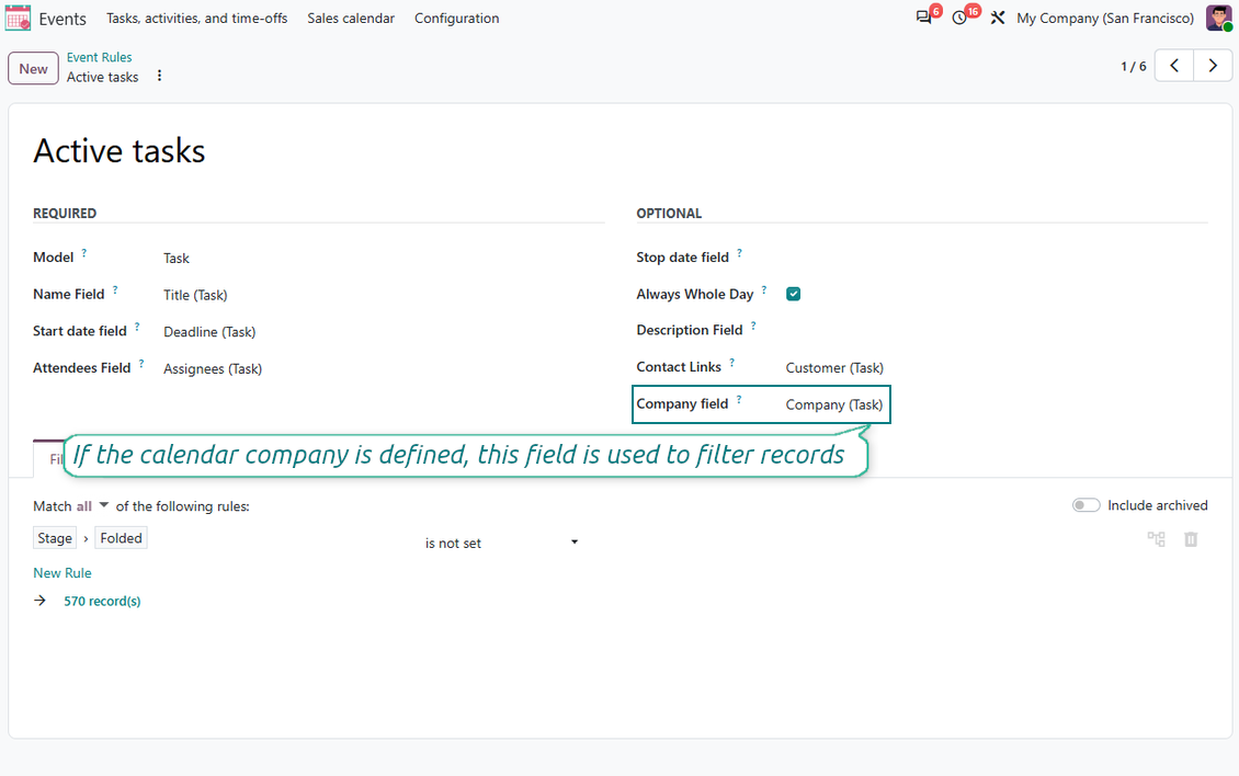 Joint Calendar multi-company rule showing how source records are filtered by the selected calendar company