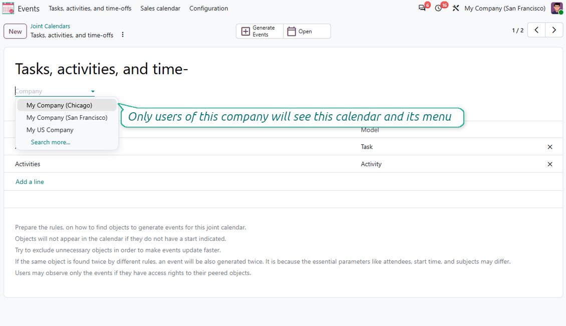 Joint Calendar settings showing how to assign a shared calendar to a specific Odoo company in a multi-company database
