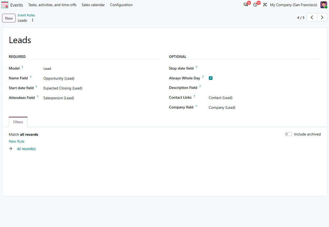 Joint Calendar rule example showing CRM opportunities mapped to an Odoo shared calendar with expected closing dates