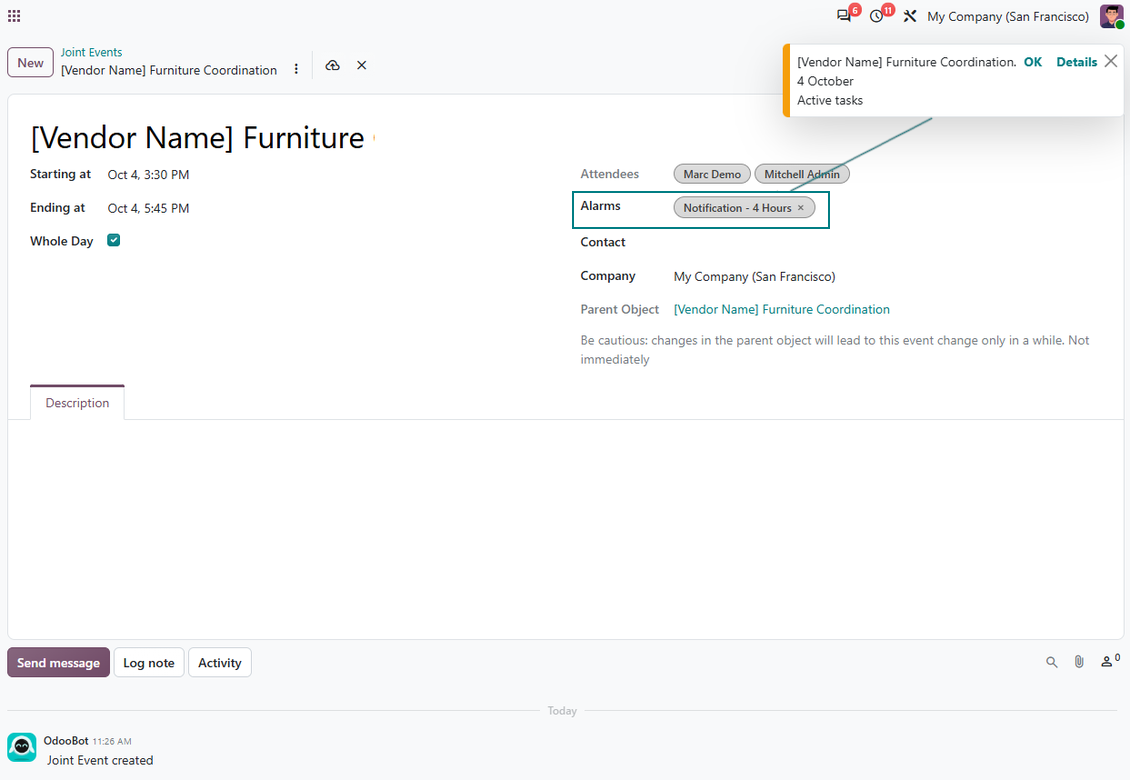Joint Calendar reminder configuration showing pop-up and email alarms for shared Odoo events