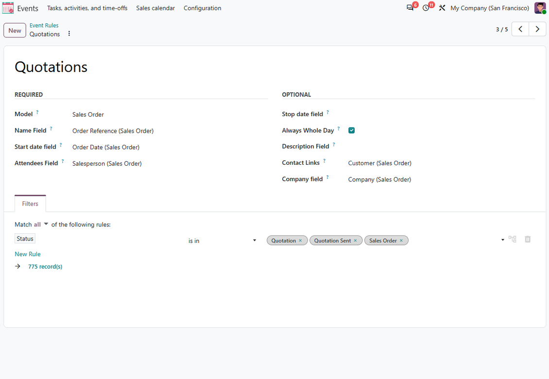 Joint Calendar rule example showing sales orders on an Odoo shared calendar with salesperson and customer fields