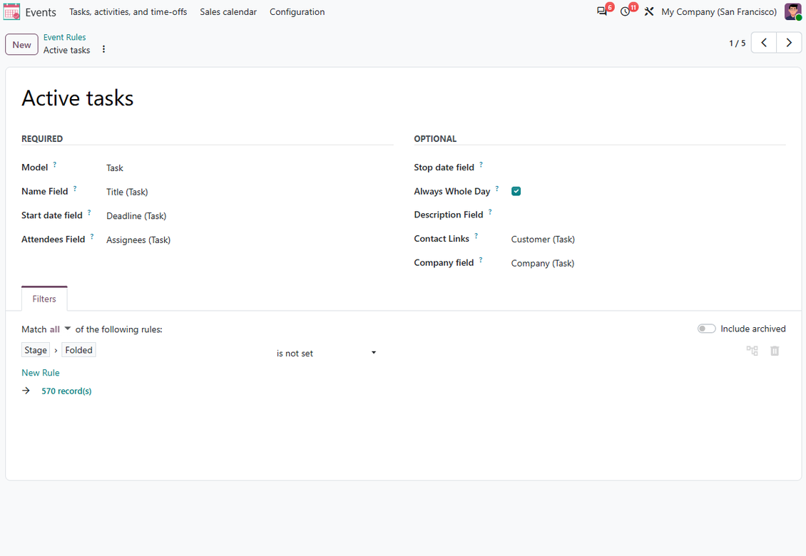 Joint Calendar rule example showing task deadlines and assignees as shared Odoo calendar events