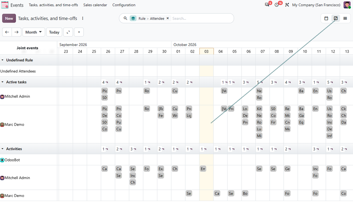 Joint Calendar Gantt setting showing how to enable the Enterprise Gantt view for one shared Odoo calendar