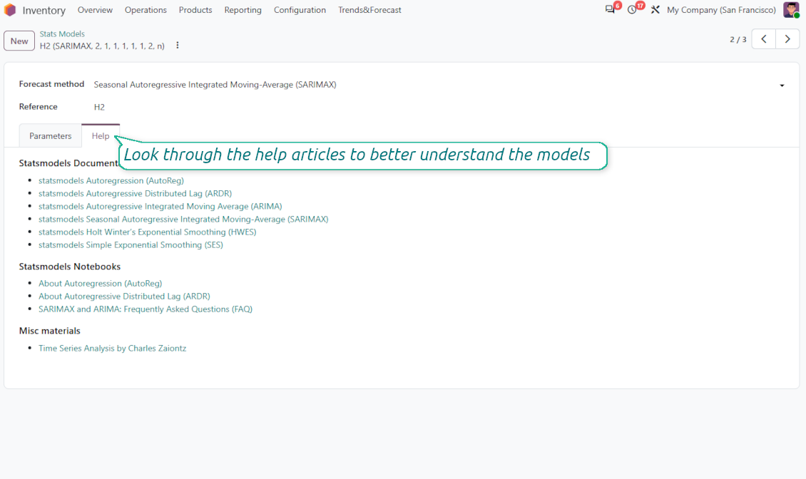 Help notes for statistical models and parameters