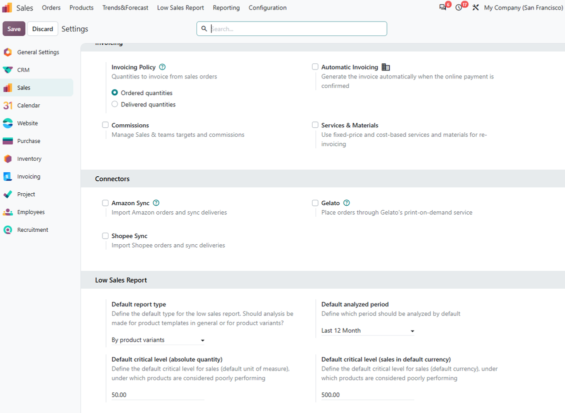 Default values to generate an Odoo sales report