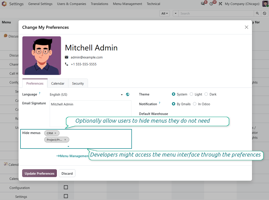 Odoo user menu preferences
