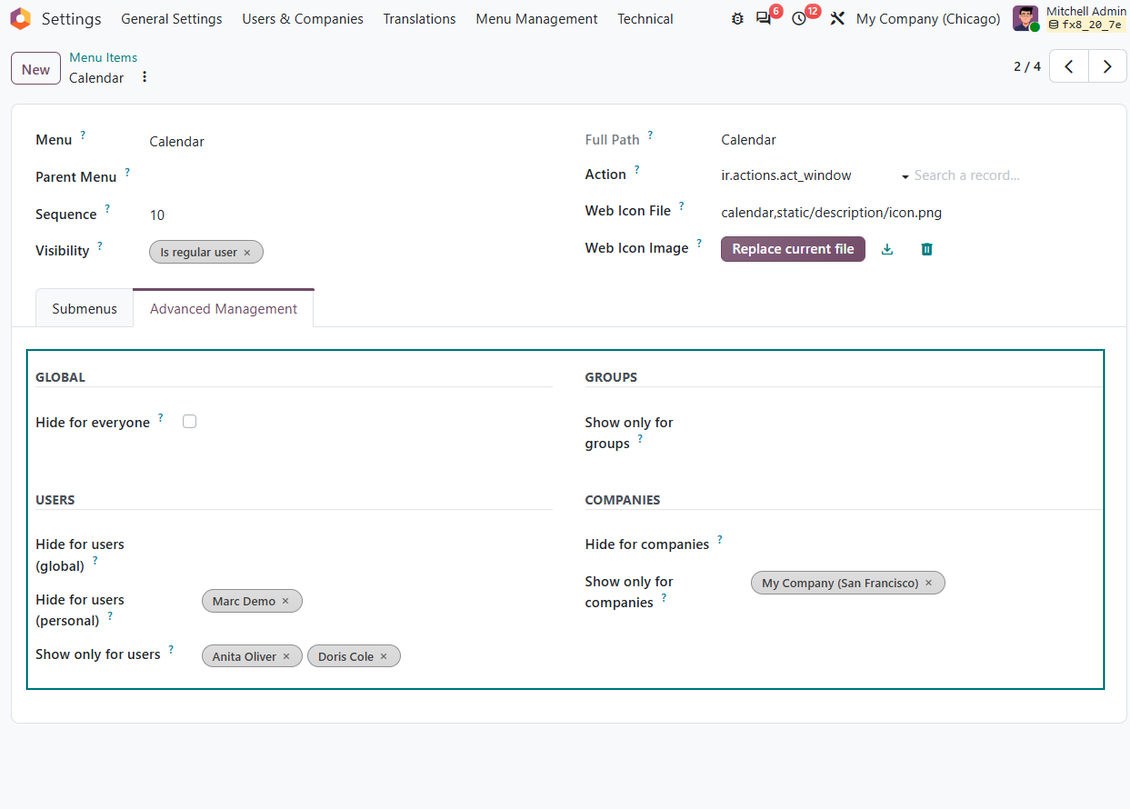 Standard Odoo menu settings