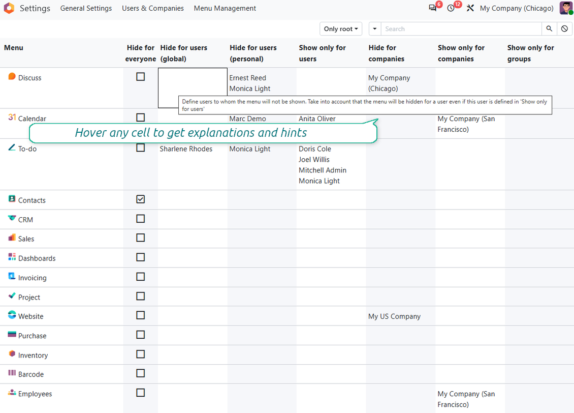 Hints and explanations for Odoo's menu settings