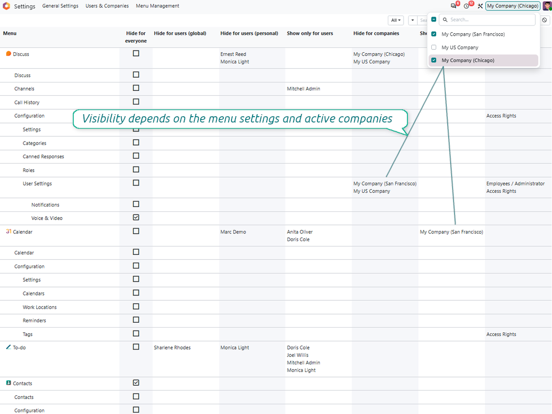 Hide/show menus for specific Odoo companies