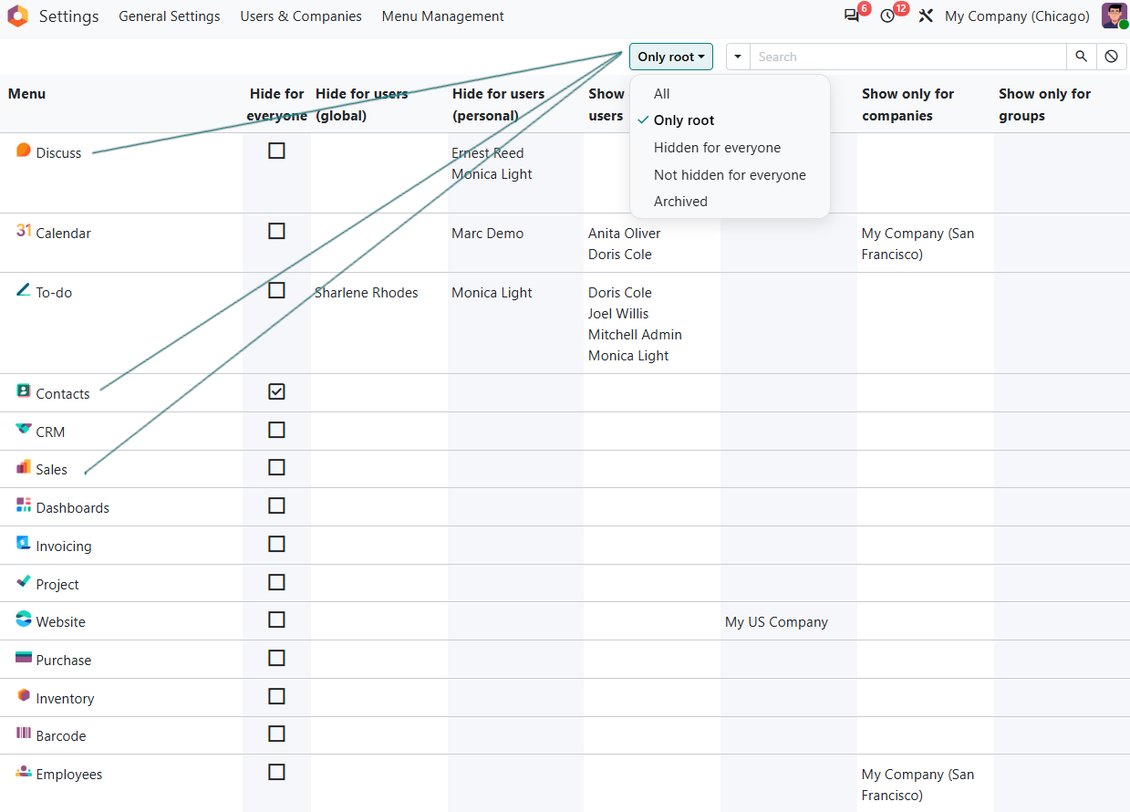 Odoo menu tree, search, and filters