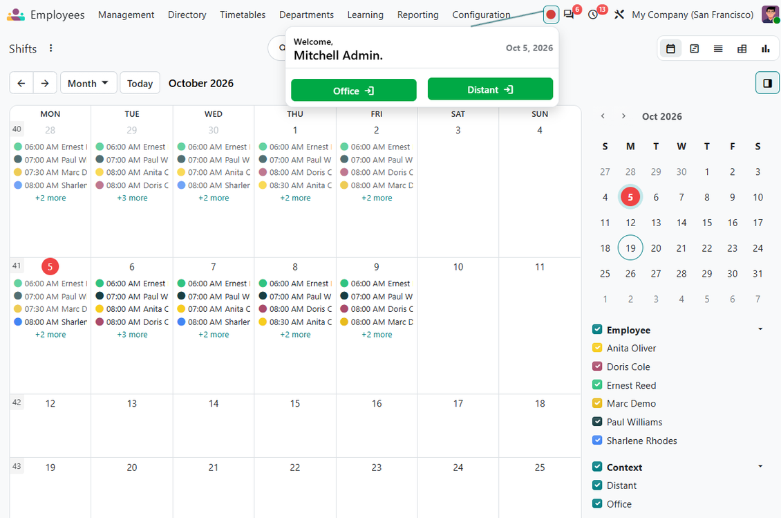 Odoo systray attendance context