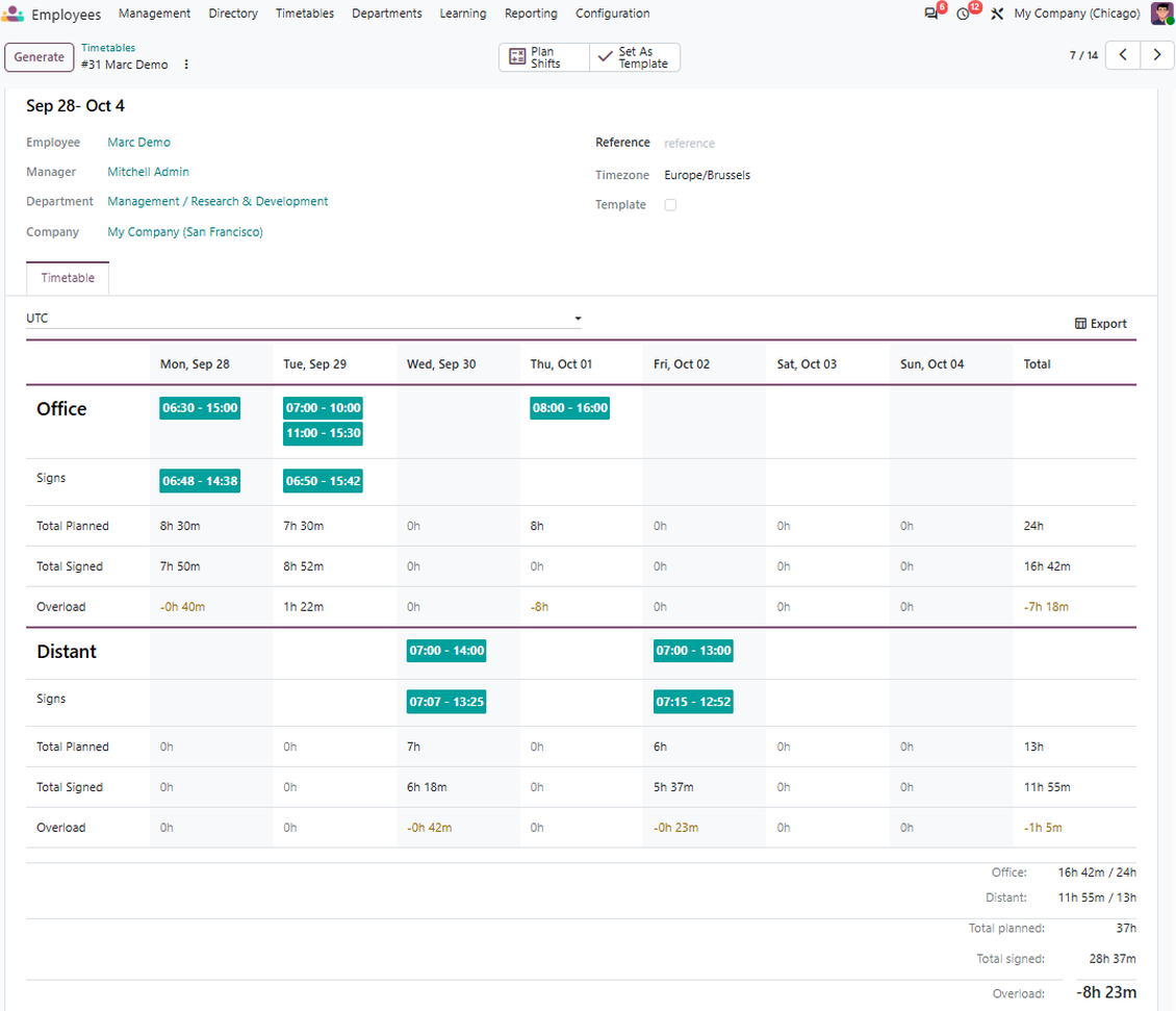 Odoo shifts for timetables