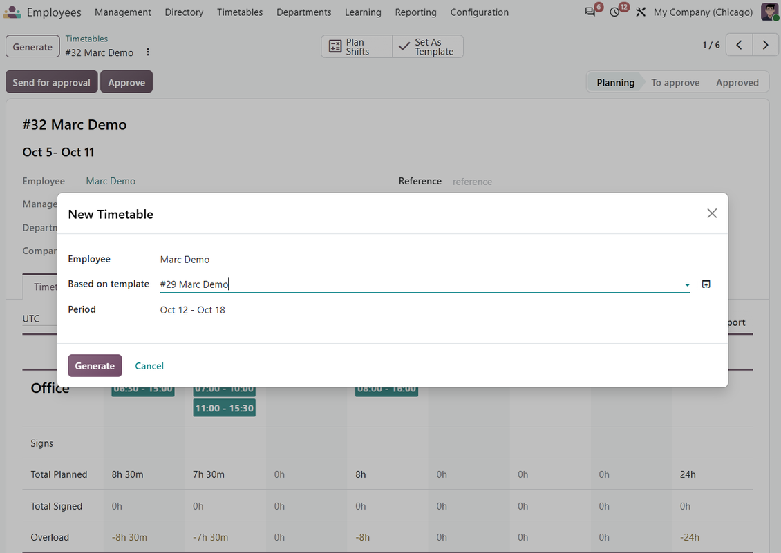 Odoo working shifts' templates