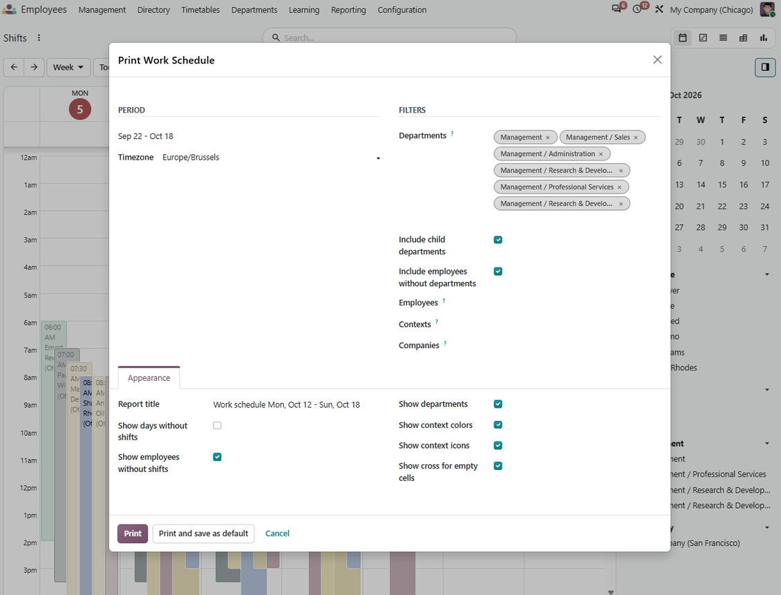 Odoo shifts scheduling wizard