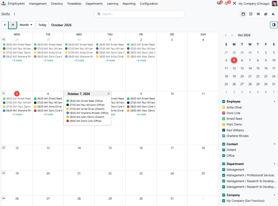 Monthly view for the working calendar