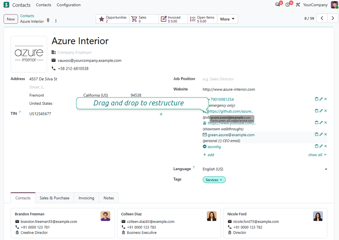 Drag and drop Odoo's contact details