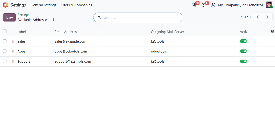 Списък с налични адреси Odoo Email From, показващ податели Support, Sales и Apps, всеки заключен към своя изходящ пощенски сървър