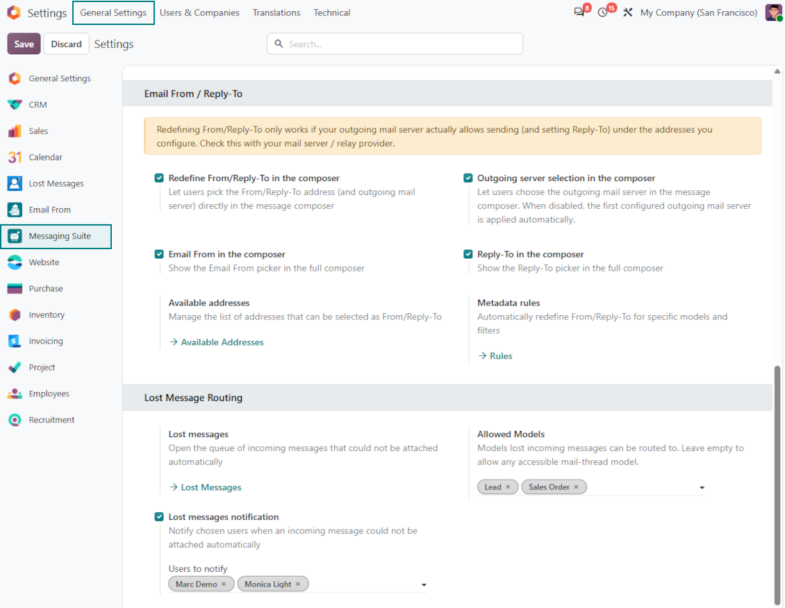 Страница с настройки на Odoo Messaging Suite с опции Email From / Reply-To и конфигурация Lost Message Routing с разрешени модели и потребители за известия