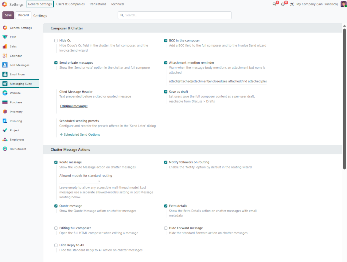 Страница с настройки на Odoo Messaging Suite с превключватели за редактор и чат и действия със съобщения, включително скрий копието, BCC, лични съобщения, напомняне за прикачен файл, чернова, препращане, маршрутизиране и цитиране