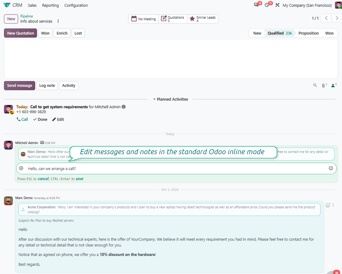 Интерфейс на chatter в Odoo, който показва вградения режим на модула message_editing: съобщения и бележки се редактират бързо в нишката без нов прозорец.